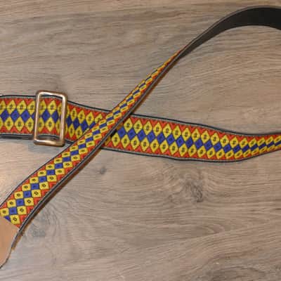 Vintage Ace Style Woven Strap- Metal Slide- Blue/Yellow Diamond Pattern image 4