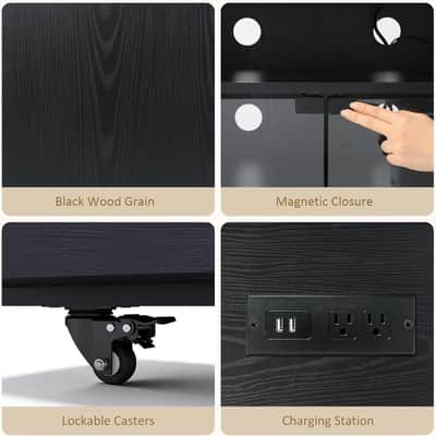 5-Tier Media Cabinet & Vinyl Record Storage Stand w/ RGB LED Lights, Glass Door, Power Outlets & Wheels – Black image 7