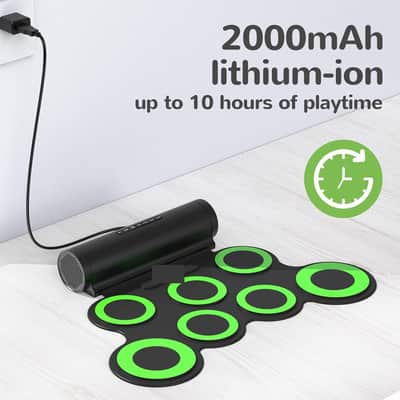 Electronic Drum Set, Roll Up Drum Practice Pad Midi Drum Kit with Headphone Jack Built-in Speaker Pedals Sticks 10 Hours (Green, 9 Pads) image 2