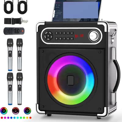 Karaoke Machine with 4 Wireless Microphones, Portable Bluetooth 5.1 Speaker for Adults Kids with LED Lights, Bass/Treble Adjustment, PA System with Remote Control, Supports FM/AUX/USB/TF for Party image 1