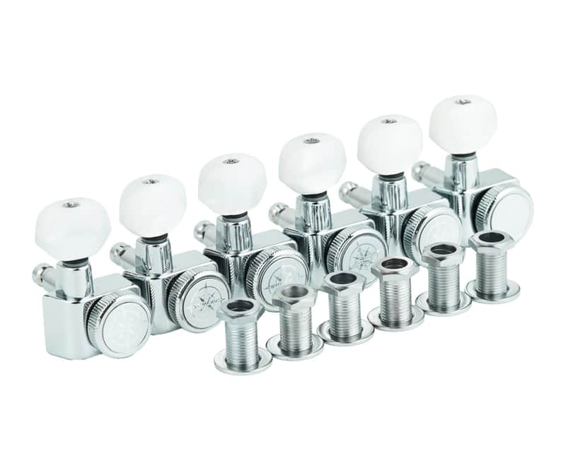 Guyker 6 In-line Guitar Locking Tuners – 1:18 Lock String Tuning Key Pegs Machine Heads for Folk Classical Acoustic Electric Guitar - Pearl Buttons, Chrome image 1
