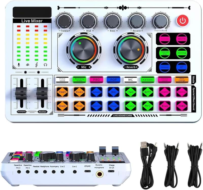 White Live Streaming Sound Card, Professional Audio Mixer, Voice Changer Soundboard with Audio Interface, Bluetooth, Noise Reduction, DJ Mixer Board for Live/Podcasting/Gaming image 1