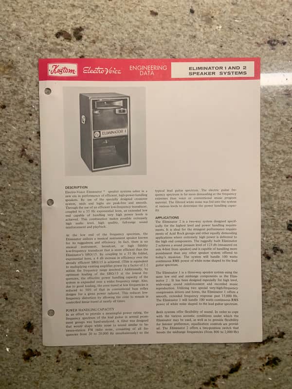 Vintage 1970s Kustom Electro Voice Eliminator 1 and 2 Speaker Systems Spec Sheet! image 1