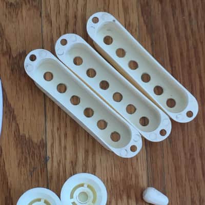 Complete Fender Strat Knobs Pickup Covers Set Light NOS Relic Parchment Green Fonts Numbers image 13