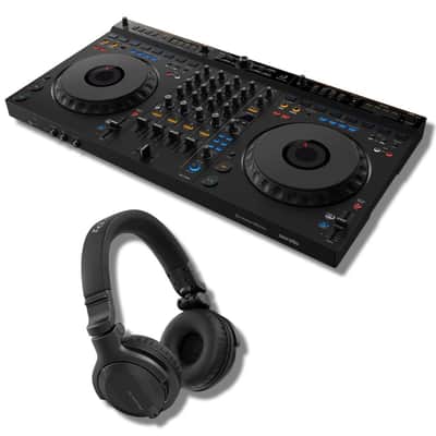 AlphaTheta DDJ-GRV6 4-Channel DJ Controller with StreamEye Cans50 Professional Studio Headphones, On-Stage Stands LPT5000 Laptop Stand, and Essential Cables for Connecting to DJ Controllers image 1