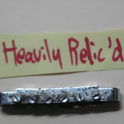 visibly used / relic'd real player's wear Epiphone B-2 metric ABR-1 vintage style bridge CHROME, large posts mounting pieces (NO anchors) early 2000s (for some import guitars that use this style bridge) will NOT fit on Gibson - mounting holes are too big image 10