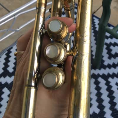 SUMMER DEAL CONN 80A 1923 GOLD PLATE CORNET STENBERG NEEDS SOME CLEAN UP SOLDER AREAS VALVES SEEM  GOOD PLAY DECENT GOLD PLATE WEAR NOT PERFECT image 13