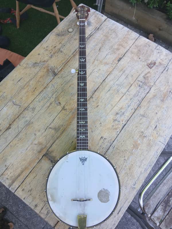 Long neck banjo - E tuned - vintage body and lovely carved neck Unbranded 70's maybe - Brass image 1