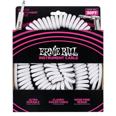 Ernie Ball 30ft White Coiled S/A Instrument Cable, Curly Guitar Lead - 6045 image 2