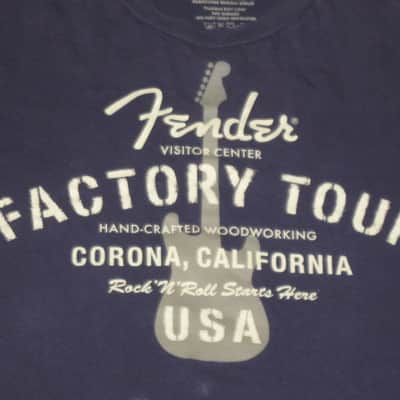 pre-owned / worn genuine Fender - Fender Factory Tour (Corona, California USA) - short sleeve T-Shirt, Men's X-Large (XL) Navy Blue with Creme & Gray Graphic, 100% preshrunk cotton, late 2000s to early - mid 2010s image 2