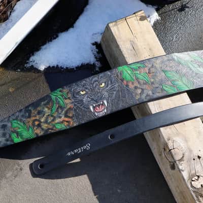 Burny Black Handmade Leather Guitar Strap: Black Panther_Carved & Painted, Custom Initials 2026(made to order) - oil image 1