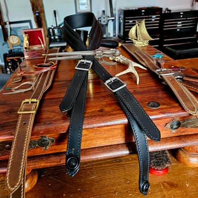 Hand Made, Hand Stitched Guitar strap "Rockatansky" in Black & Black - Vegetable Tanned Leather image 17
