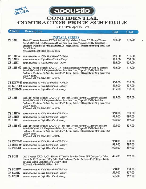 Acoustic-Price List, 1998 image 1