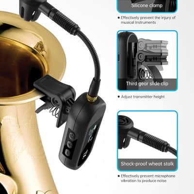Wireless UHF Saxophone Microphone System, Clip Instrument Microphone Saxophone and Trumpet, preset EQ and Echo Level 100 feet Transmission image 2