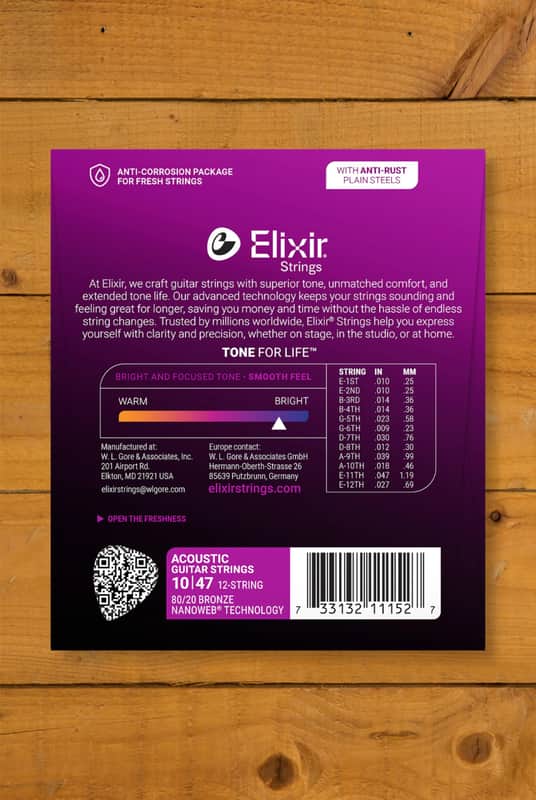 Elixir Nanoweb Coated 80/20 Bronze 12-String Acoustic Guitar Strings - 10-47 image 1