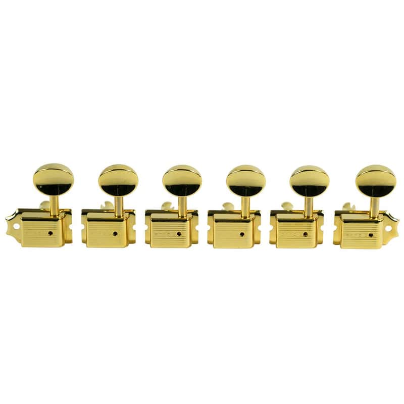 Kluson 6 In Line Left Hand Deluxe Series Tuning Machines - Single Line - SafeTi Post - Gold With Oval Metal Buttons image 1