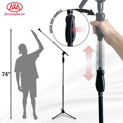 AxcessAbles AXCMS-201TB One Hand Microphone Stand with Tripod Base and Quick Grip Height Adjustment - Telescoping Mic Boom Arm Included. Tall Microphone Stand for Singing 2-Pack image 5