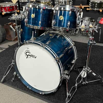 ~WOW!~ Gretsch USA Custom 4-Piece 10/12/16/22 Drum Kit Set in Azure Blue Gloss Lacquer with White Marine Pearl Bass Drum Hoops Inlays image 5