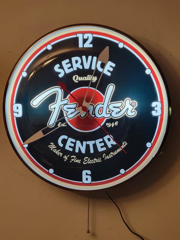 Fender Guitars Service Center Round Dealer Style Light Up Clock Killer Cool Man Cave/Garage Accessory image 1