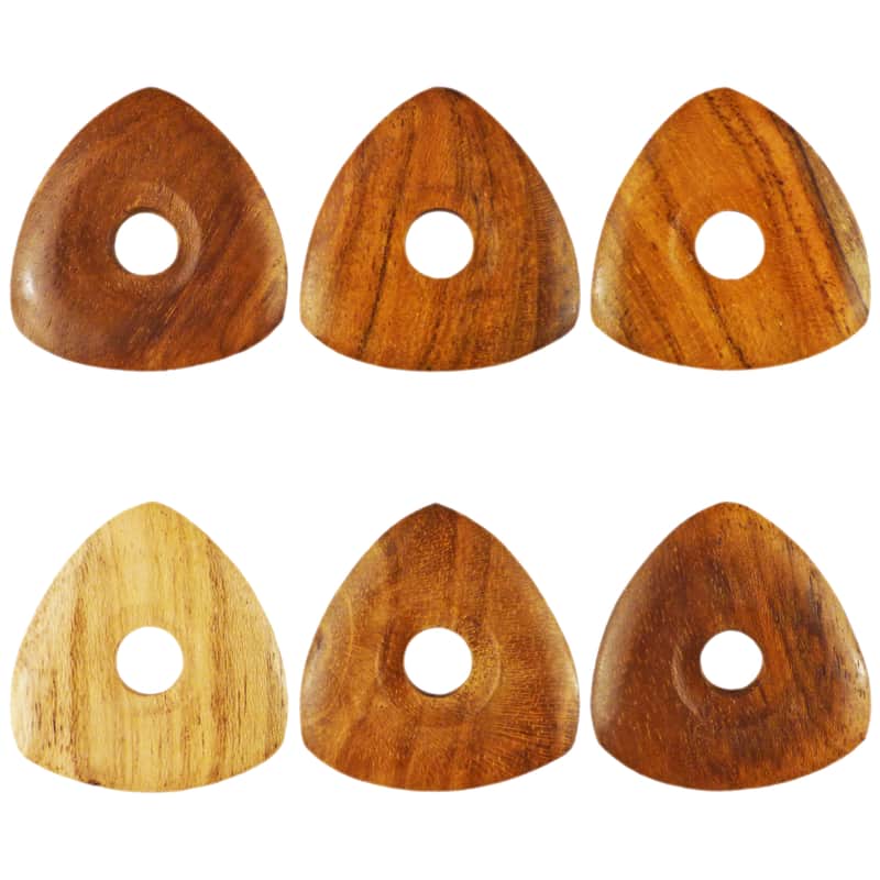 Teak Wood Guitar Or Bass Pick - 4.0 mm Ultra Heavy Gauge - 346 Contoured Triangle With Grip Hole Shape - Natural Finish Handmade Specialty Exotic Plectrum - 6 Pack image 1