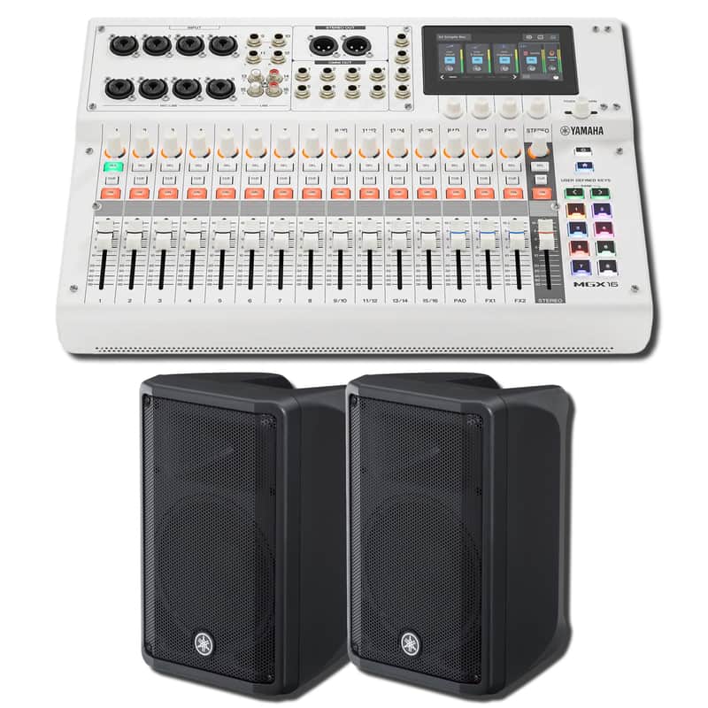 Yamaha MGX16 W 22-Channel Digital Mixing Console White PA System Bundle with Two DBR10 10-Inch 700W Powered Speakers image 1