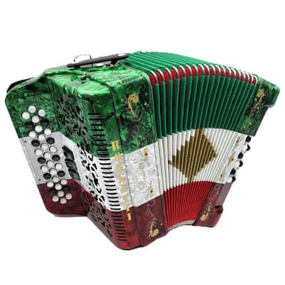 Rossetti 3412-FBE-RWG 3 Row, 3-Switch, 34 Treble, 12 Bass Diatonic Button Accordion in Red/White/Green - F, B, E Tuning image 2