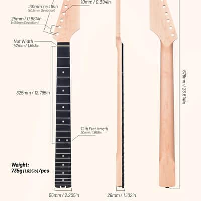Electric Guitar Neck, 12"-16" Compound Radius, Canadian Hard Maple Neck, Richlite Fretboard, 22 Stainless Steel Frets (2.4x1.4mm), Oiled Bone Nut 42mm, Matte Finish image 2