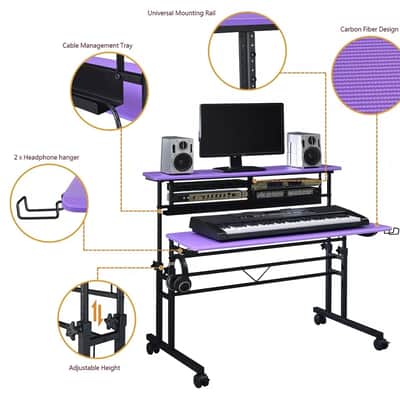 Adjustable Sit-and-Stand Music Studio Desk Workstation with 2 x 3U Rack – Durable Carbon Fiber Finish (Purple) image 2