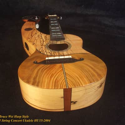 Handmade 5 String Harp Style Concert Ukulele, Solid Spalted Curly Maple, Taiwania , MOP Inlay, Bruce Wei HU15-2004 image 12