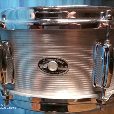 Slingerland No. 140 Student Model 5x14" 8-Lug Aluminum Snare Drum with case and stand- serial number 70s image 9