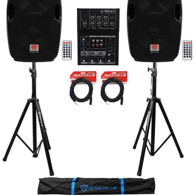 (2) Rockville BPA8 300 Watt 8" Powered Speakers+Mackie Mixer+Stands+Cables+Bag image 1