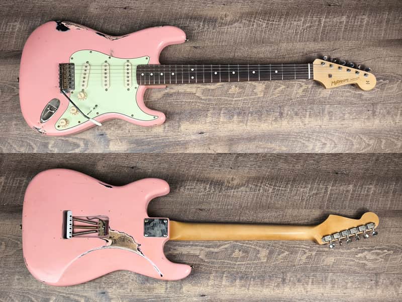MyDream Stratocaster Custom Built - Relic Pink over Black Gilmour image 1