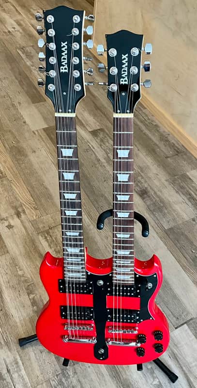 BadAax Double-Neck SG Electric Guitar w/ Gig Bag - Red image 1