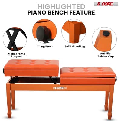 5 Core Duet Piano Bench 3.5 Inch Padded Cushioned Stool Wooden Heavy Duty Musician Chair Height Adjustable Double Keyboard Seat w Storage Nonslip Leg - PNB DT CML BRWN-Camel Brown image 5