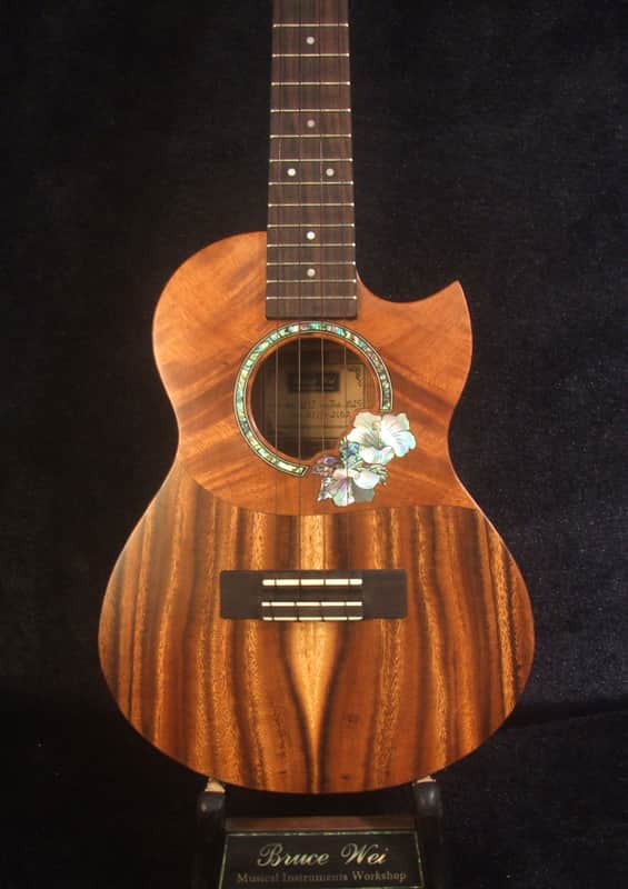 Handcrafted Tenor Ukulele, Solid Hawaiian Koa & Acacia, Hibiscus Soundhole, Worth String, Soft-bag, Bruce Wei UJ17-2602 image 1