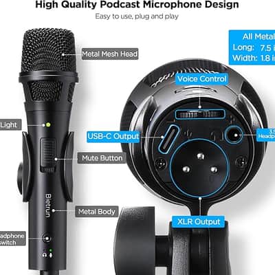 XLR/USB Dynamic Recording Microphone for Singing, Metal Studio Music Recording Microphone with Mic Gain, Desktop Stand, Pop Filter, Headphone Jack, for PC, Audio Interface, Mixer, for YouTube Video image 4