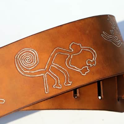 Burny Black custom made guitar strap leather - nasca lines brown/white made to order - oil image 15