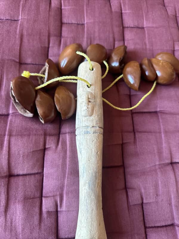 Nutshell Shaker Percussion Nigerian Style Uyot Seed Rattle on Handle image 1