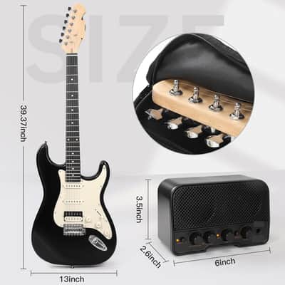 39 Inch Electric Guitar Starter Kit– HSS Pickups Solid Body Electric Guitar Includes Amplifier, Bag, Digital Tuner, Strap, String, Cable, Picks, Beginner Gift(Black) image 2