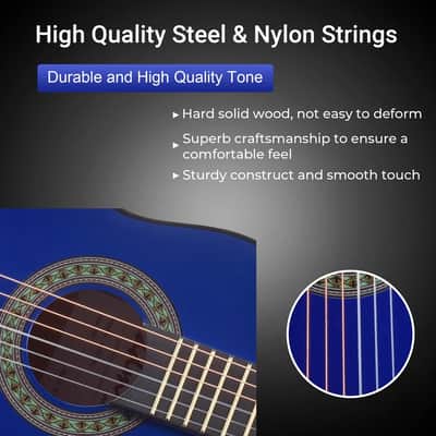 ADM Beginner Acoustic Classical Guitar 30 Inch Nylon Strings Wooden Guitar Bundle Kit for Kid Boy Girl Student Youth Guitarra Online Lessons with Gig Bag, Strap, Tuner, Extra Strings, Picks,Blue image 3