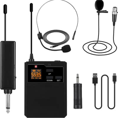 Wireless Lapel Microphone System with Headset & Lavalier Mics, UHF Bodypack Transmitters, Mini Rechargeable Receiver, 48 Channels in 500MHz, 260ft Range, Plug & Play for Wedding Speech Church image 1