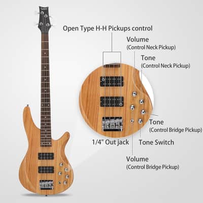 Glarry Burlywood GIB 4 String Full Size HH Pickup Bass Guitar image 5