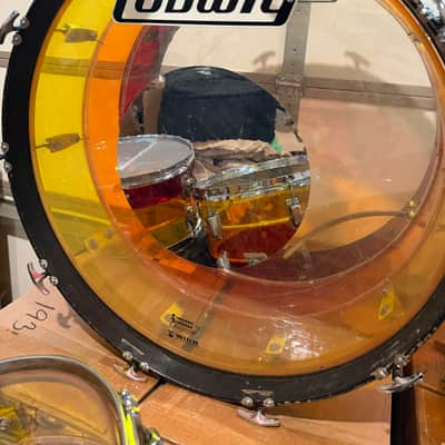 Vintage 1970s Ludwig Vistalite Tequila Sunrise 5-Piece Drum Kit w/ Matching Snare, Blue & Olive Badges, Cases, Tivoli Lighting System image 9