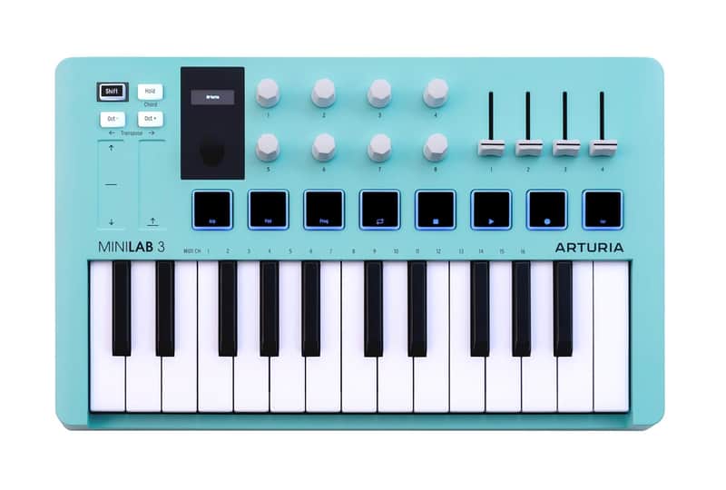 Arturia MiniLab 3-25 Key USB MIDI Keyboard Controller With 8 Multi-Color Drum Pads, 8 Knobs and Music Production Software Included, Aquamarine image 1