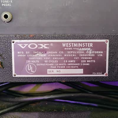VOX - 1967 Westminster V1182 Solid State Amp Head - 1968 Royal Guardsman Model V4131 Cabinet - Rolling/Tilting Metal Stand - Black - Thomas Organ Company - California - USA - "AS-IS" image 23