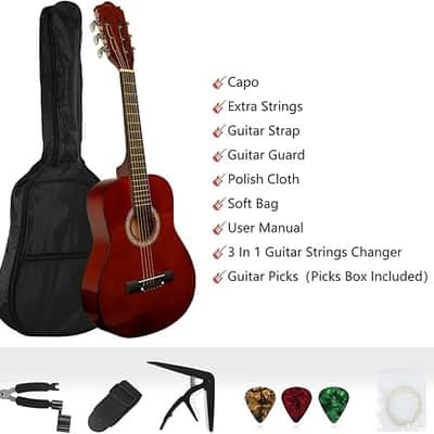30in Beginner Acoustic Guitar Basic Starter Kit Bag Capo Strings Winders Strap Picks Student Kids Guitar Pickguard with Gig Bag Brwon image 2
