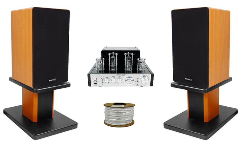 Rockville BluTube Tube Amplifier+6.5" Wood Bookshelf Speakers+8" Wood Stands + Rockville BLUE 14G50 OFC 14 Gauge 50 Foot 100% Copper Speaker Wire image 1
