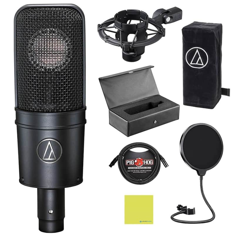Mint Liquid Audio Audio Technica AT4040 Cardioid Condenser MicrophoneBundle w/Pig Hog PHM10 8mm Mic Cable, Pop Filter Polishing Cloth image 1
