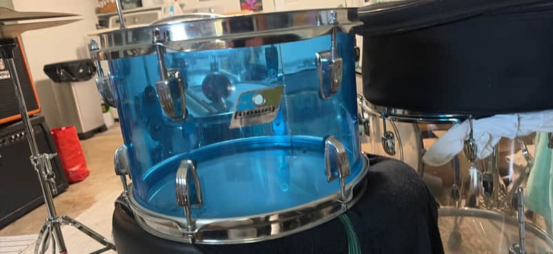 Ludwig Vistalite acrylic 12” rack tom, 70’s - Blue, pointy badge original Remo black dot head image 1