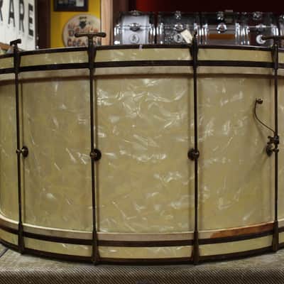 1930s Leedy 14x28 Spartan Bass Drum in White Marine Pearl w/ Knobby Gold Hardware image 4